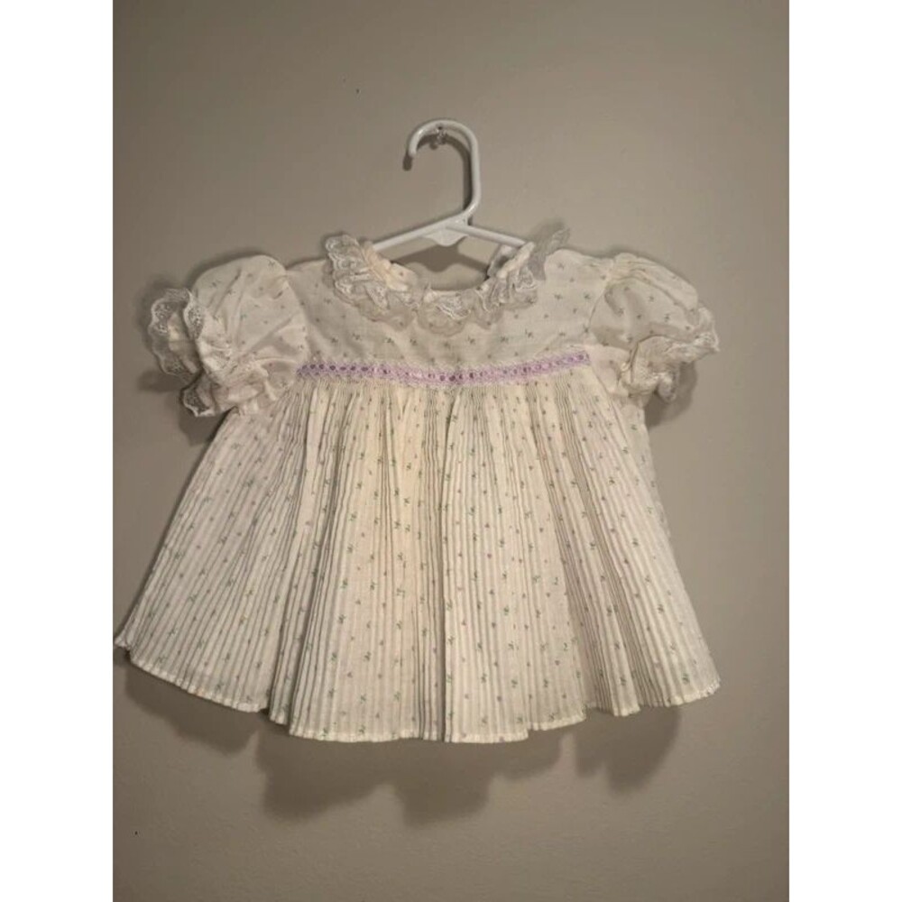 12M Vintage Smocked Balloon Short Sleeve Dress White and Purple